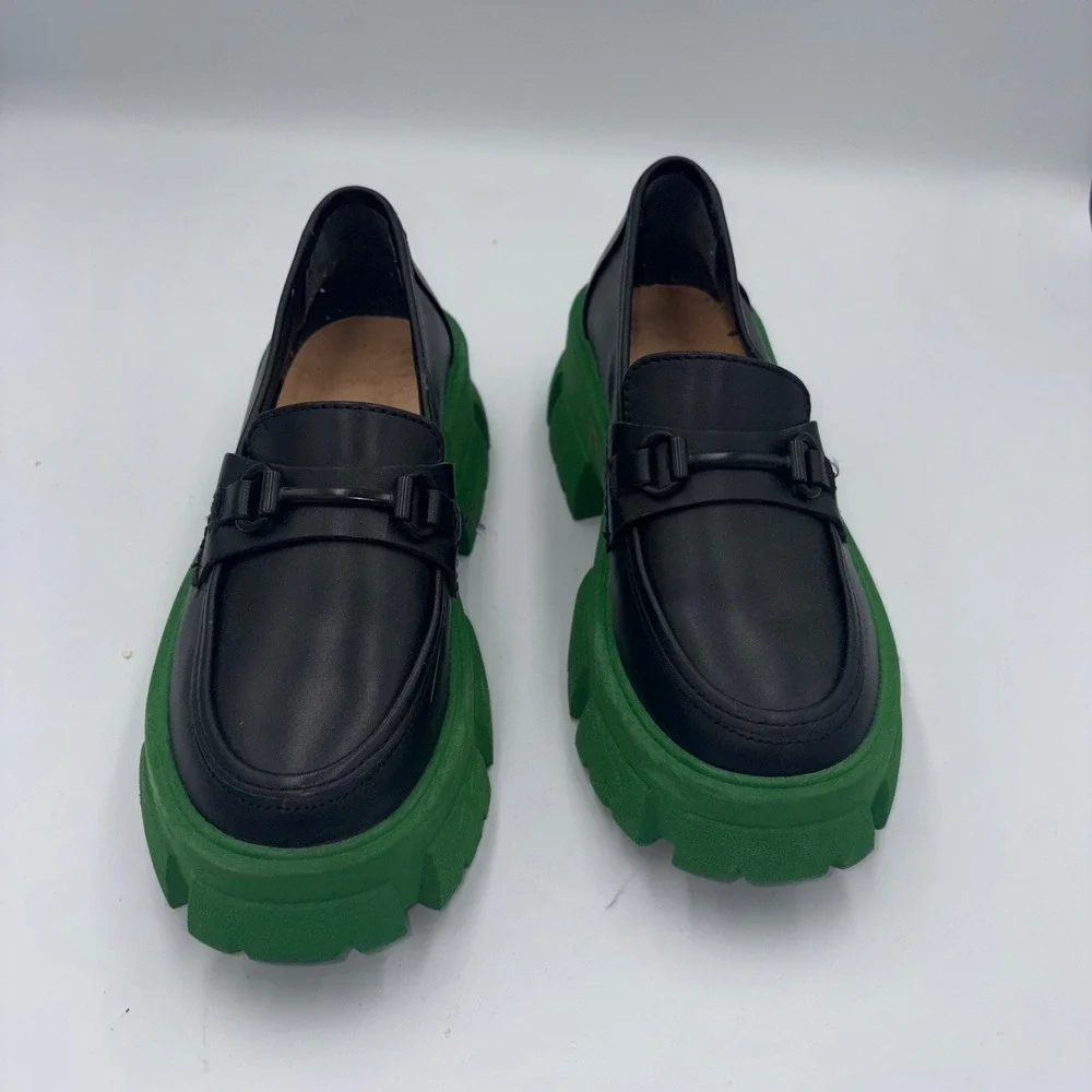 Steve Madden Trifecta Black Leather Green Chunky Platform Lug Loafers 6.5M